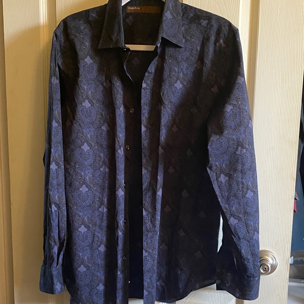 Perry Ellis Navy Paisley Long-Sleeve Dress Shirt
